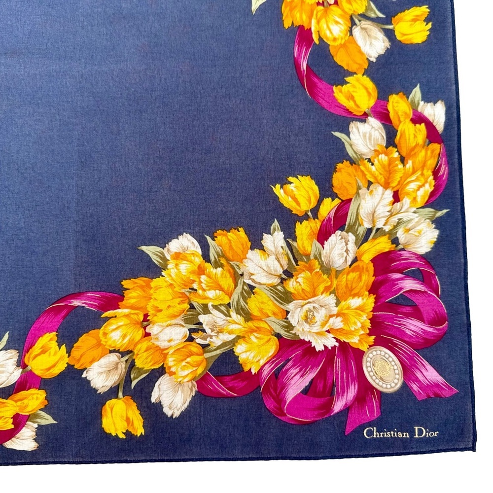 Dior Navy Silk Scarf Yellow Tulip Magenta Ribbon - Picture 3 of 6